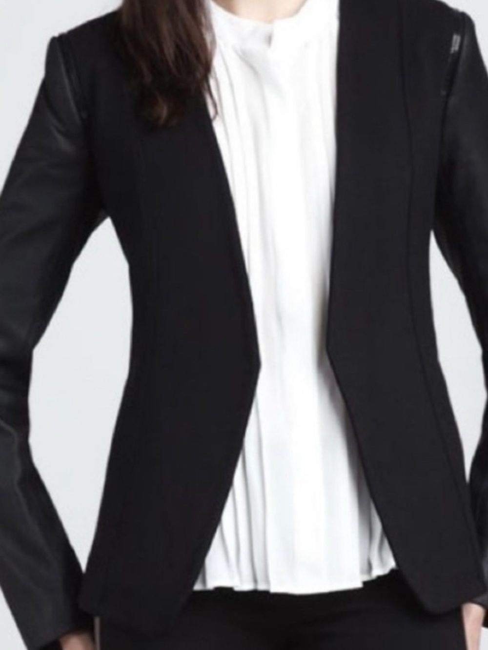 Theory Black Open Front Blazer Leather Sleeves Zipper Details